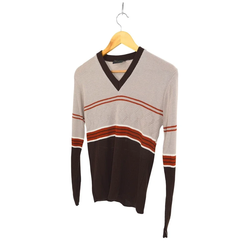 Hands On V Neck‎ Sweater Long Sleeve Stripe Pattern Size M